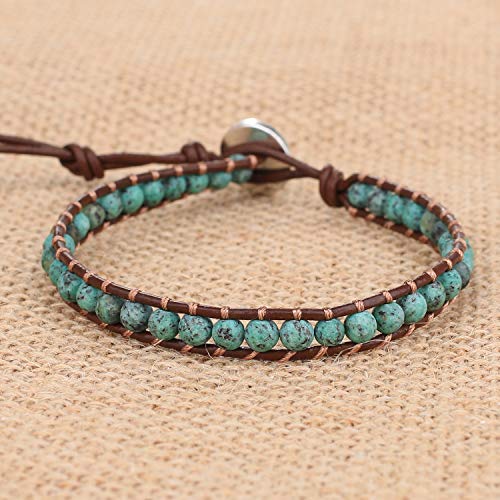 Created Turquoise Crystal Mix Beaded Bracelet: Handwoven Elegance on Brown Leather, Perfect for Boho Chic Vibes