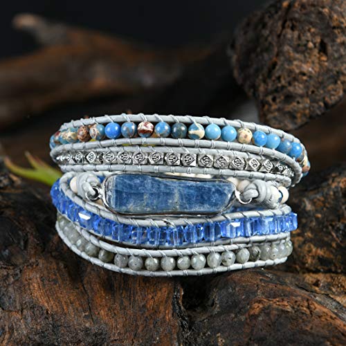Blue Topaz Sodalite & Crystal Gemstone Leather Wrap Bracelet