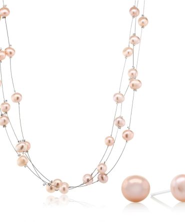 Gem Stone Pink Cultured Freshwater Pearl Necklace Earrings Set