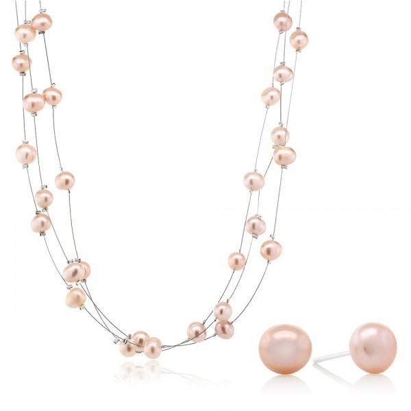 Gem Stone Pink Cultured Freshwater Pearl Necklace Earrings Set