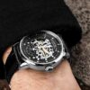 Black Leather Watch Strap Stuhrling Original Mens Automatic Watch Skeleton