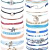 Colorful and vibrant Bohemian beach bracelets set, featuring adjustable wax-coated strings, beaded designs, and wave-inspired patterns. Perfect for summer fun and waterproof for beach days. 