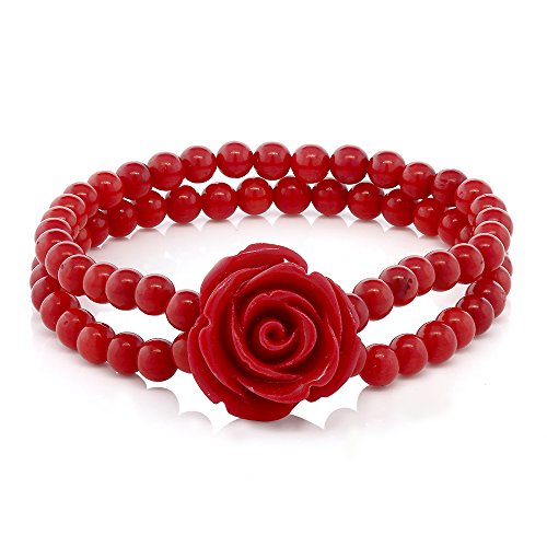 Gem Stone King 7 Inch Red Simulated Coral Bead Stretch Bracelet