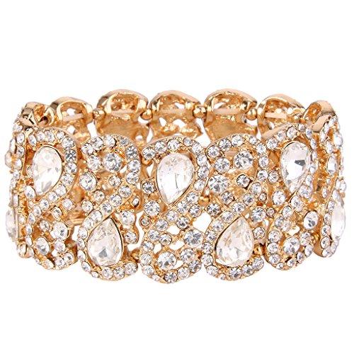 Crystal Teardrop Knot Elastic Stretch Bracelet Clear Gold-Tone