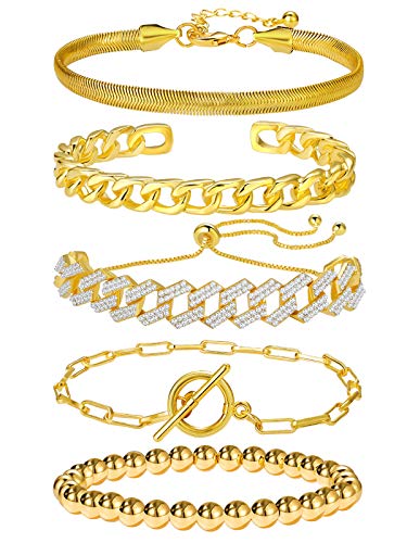 Accessorize in Style with 5-Piece Chain Link Bracelet Set for Women - 14K Gold Plated Dainty Adjustable Cuban Paperclip Bead Bracelets! Elevate Your Look with These Fashionable and Versatile Bangles - Perfect for Women of All Ages and Jewelry Lovers.