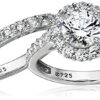 Platinum-Plated Sterling Silver Flower Halo Ring set