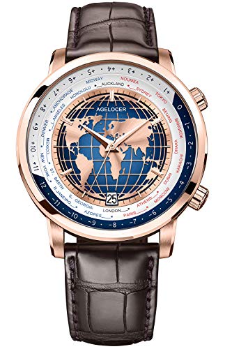 Agelocer Men's Genuine Diamond Dial Blue World time Mechanical Watch