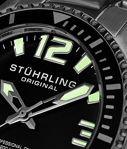 Stuhrling Aqua-Diver Swiss Quartz Dive Watch for Men – Water Resistant 200M, Black Dial, Luminous Hands