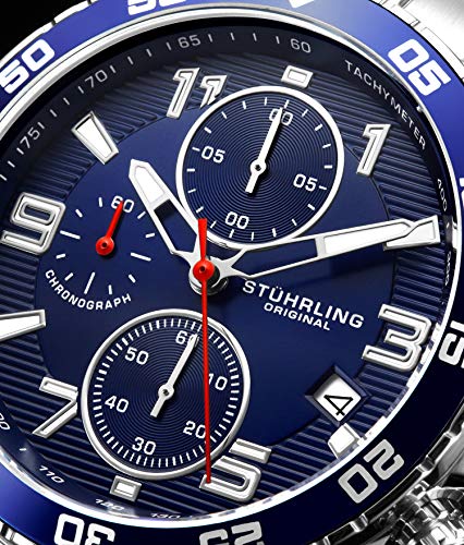 Chronograph Blue Wrist Watch with Date and Stainless Steel Link Bracelet