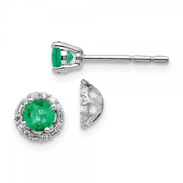 14k White Gold Diamond Green Emerald Stud Jacket Earrings