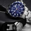 Chronograph Blue Wrist Watch with Date and Stainless Steel Link Bracelet