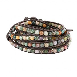 Emibele Leather Bracelet, Agate Bead Wrap Bracelet Handmade