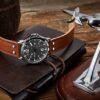 Stuhrling Original Mens Leather Watch Aviation Watch, Quick-Set Day-Date