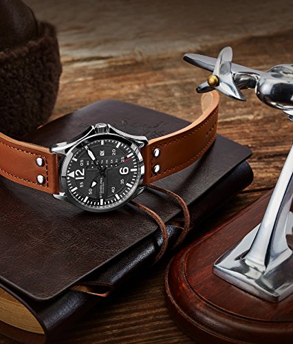 Stuhrling Original Mens Leather Watch Aviation Watch, Quick-Set Day-Date