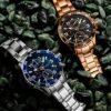 Chronograph Blue Wrist Watch with Date and Stainless Steel Link Bracelet