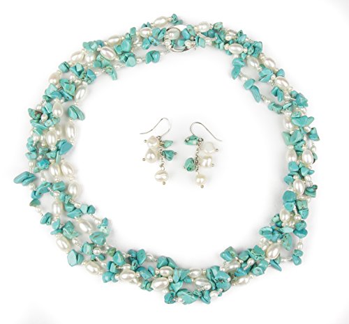 Turquoise & Freshwater Cultured Pearl Necklace Earrings Set