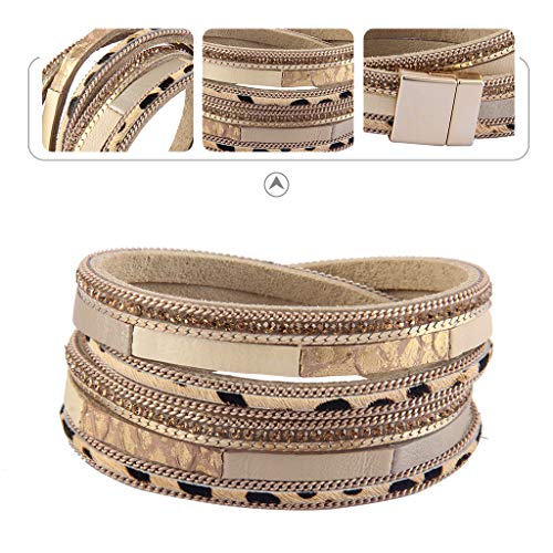 Leopard Leather-based Wrap Bracelet LPB326-Beige - A Stylish Multilayer Bohemian Bracelet with Magnetic Cuff Clasp
