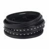Close-up of the GelConnie Black Spike Leather Bracelet, showcasing its premium genuine leather material and edgy multilayer wrap design with sleek metal spikes. 