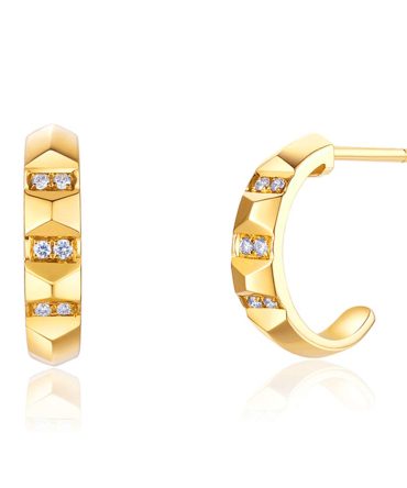 14K Real Yellow Gold Diamond Half Cuff Hoop Earrings