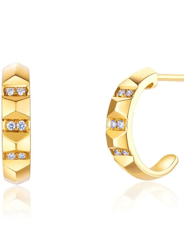 14K Real Yellow Gold Diamond Half Cuff Hoop Earrings