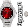 Red Oblong Case Mens PP Look Watch - Silver Cuban Set