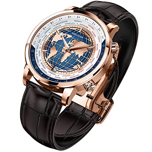 Agelocer Men's Genuine Diamond Dial Blue World time Mechanical Watch