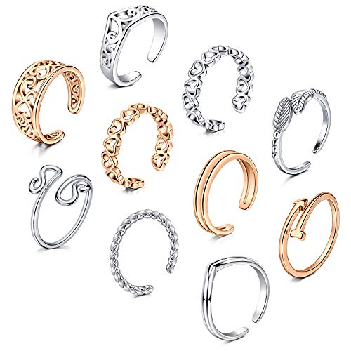 JFORYOU Open Toe Rings Set for Women 10 Pcs Silver and Rose