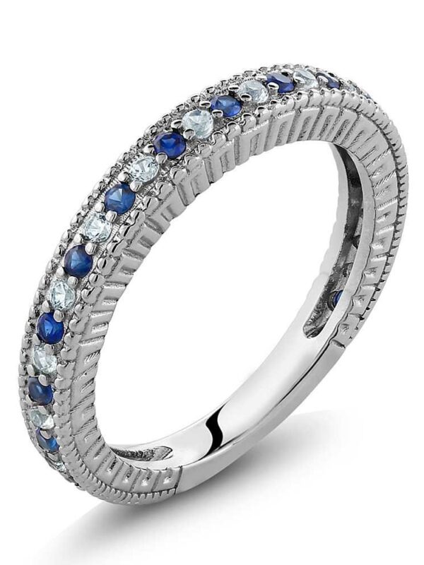 Wedding Band Ring Blue Simulated Sapphire and White Created Sapphire