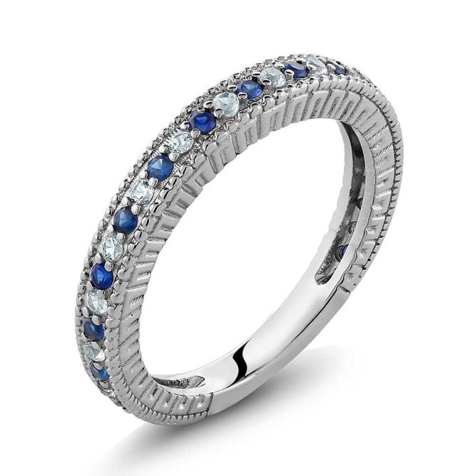 Wedding Band Ring Blue Simulated Sapphire and White Created Sapphire