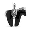 Close-up of the American West Spirit Horse Pendant in .925 sterling silver, featuring a black agate gemstone and detailed etching of the horse’s mane and saddle, displayed on a decorative box. 