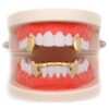 Close-up image of a 14K gold-plated vampire fang grillz set with a shiny finish, displayed alongside adjustable silicone molding bars and a storage case. 