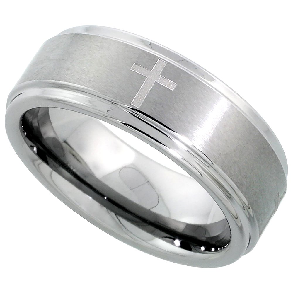 Wedding Band Ring Satined Center Etched Crosses