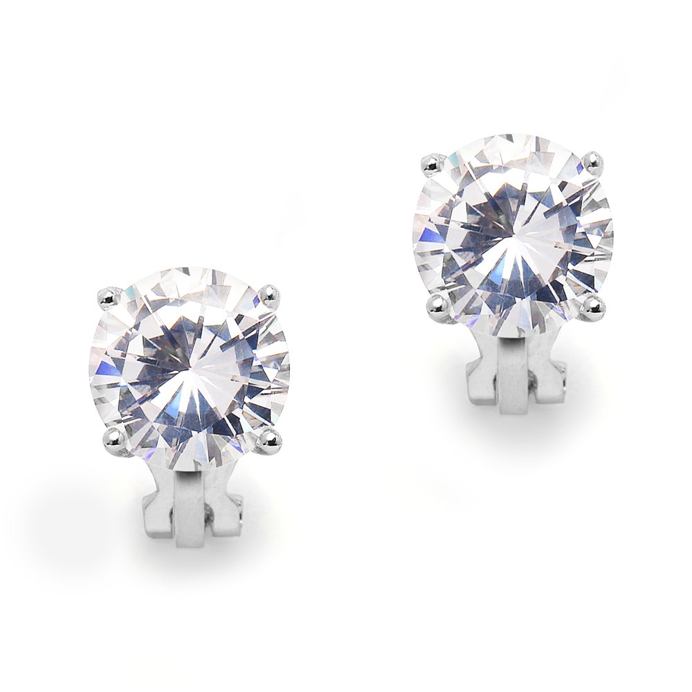Platinum Plated Clip-On Stud Earrings 9.5mm Round-Cut Solitaires