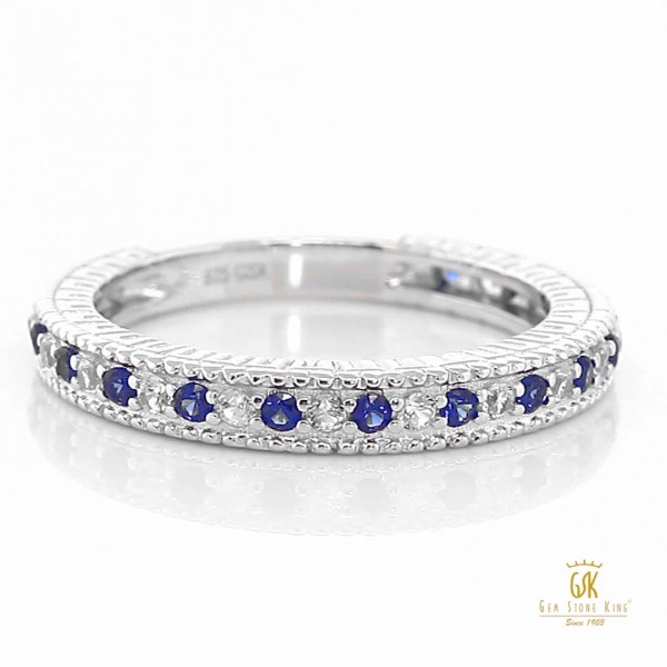 Wedding Band Ring Blue Simulated Sapphire and White Created Sapphire