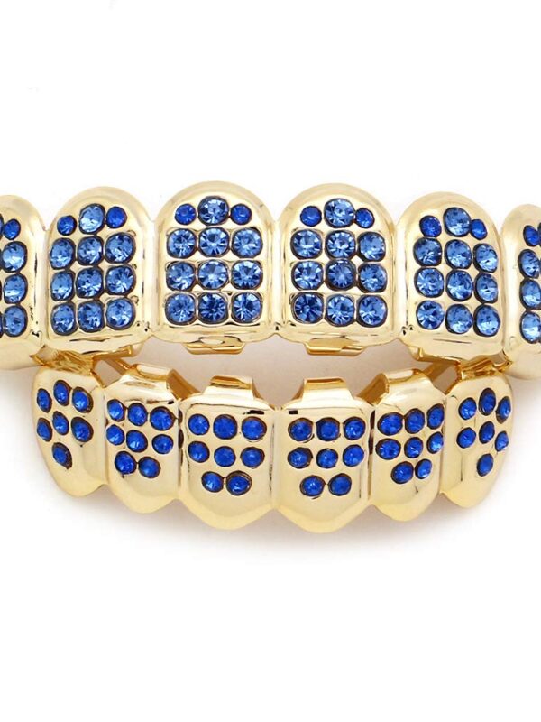 18K Gold with Red Blue Pink Diamond Top and Bottom Grills
