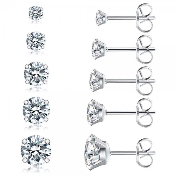 5 Pairs Stud Earrings Set - Hypoallergenic Cubic Zirconia