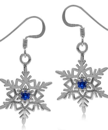 Silver Snowflake Dangle Hook Earrings Blue Cubic Zirconia