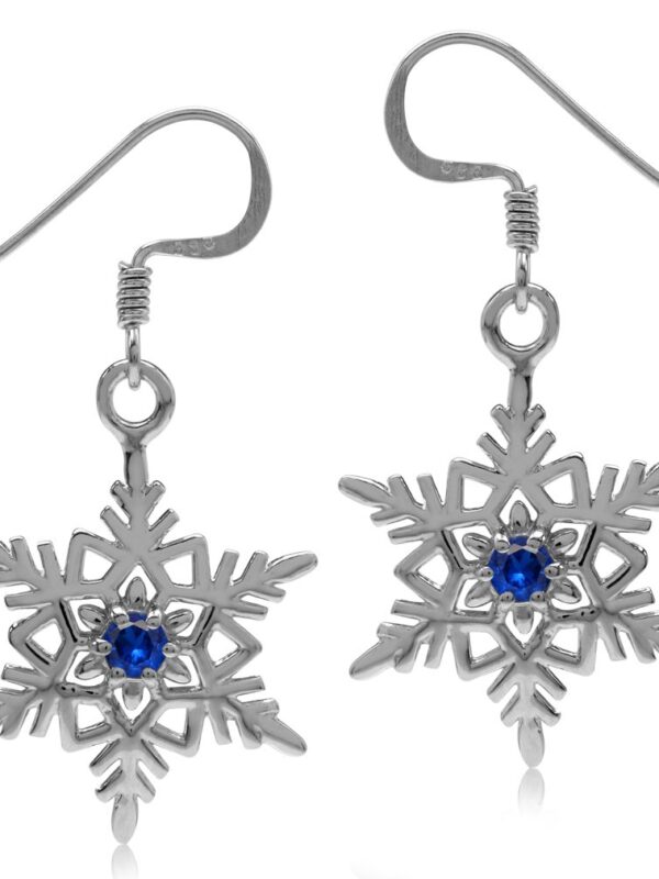 Silver Snowflake Dangle Hook Earrings Blue Cubic Zirconia