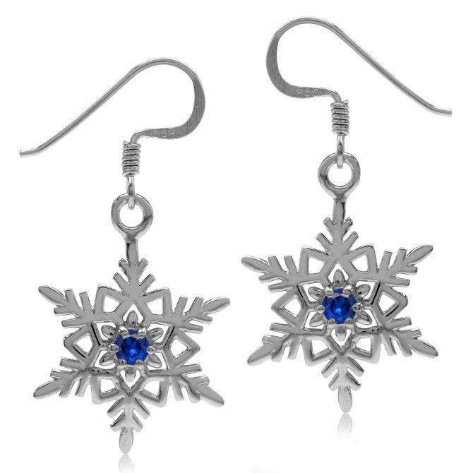 Silver Snowflake Dangle Hook Earrings Blue Cubic Zirconia