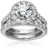 Platinum-Plated Sterling Silver Flower Halo Ring set