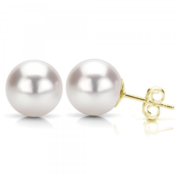 14K Yellow Gold 10-10.5mm White Stud Earrings