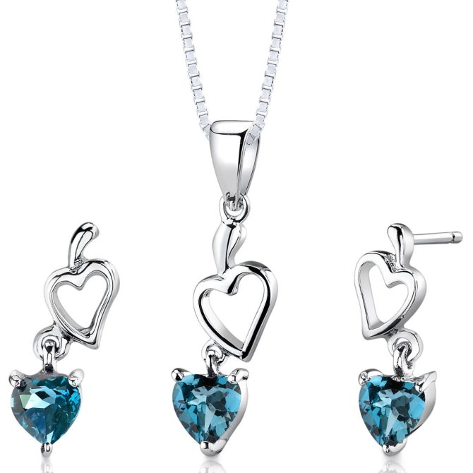 Blue Topaz Heart Earrings Pendant Necklace Jewelry Set