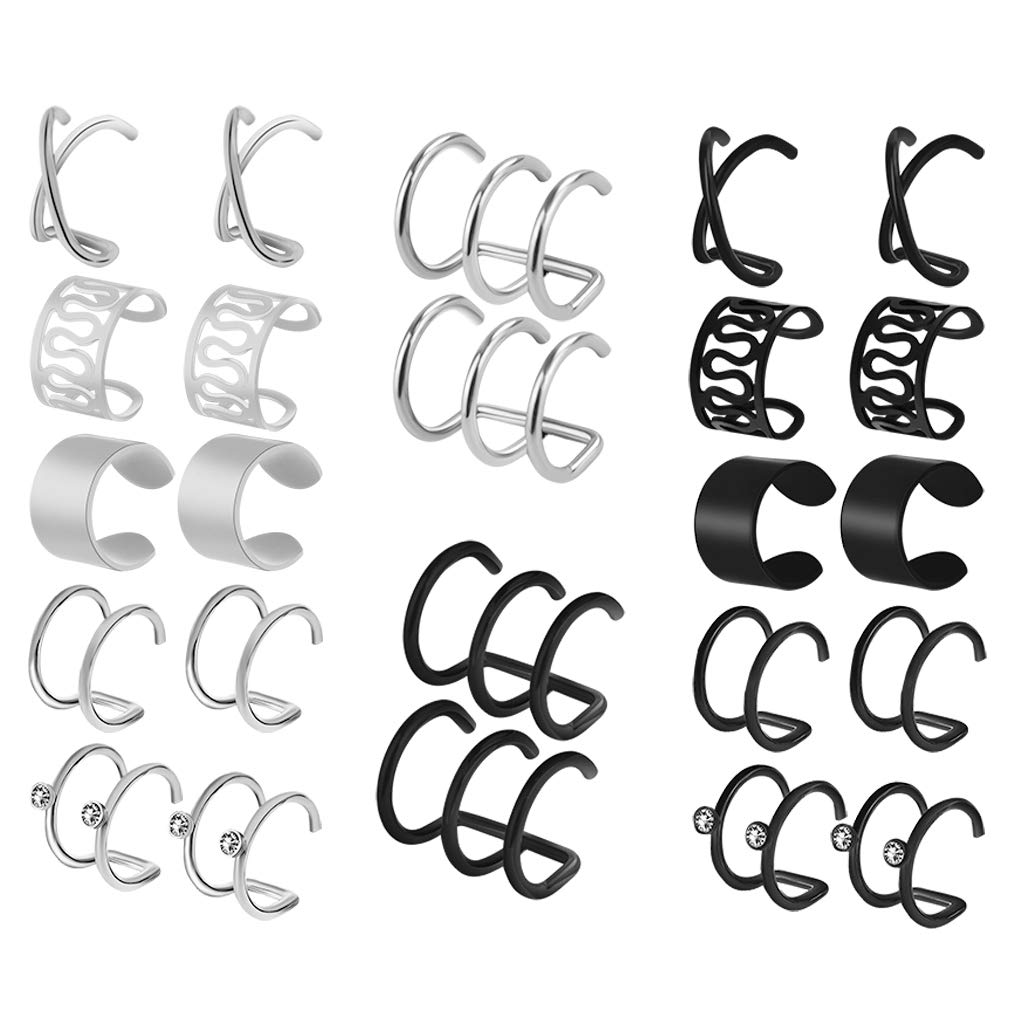 12 Pairs Earrings Set Cuff Helix Cartilage Clip Stainless Steel