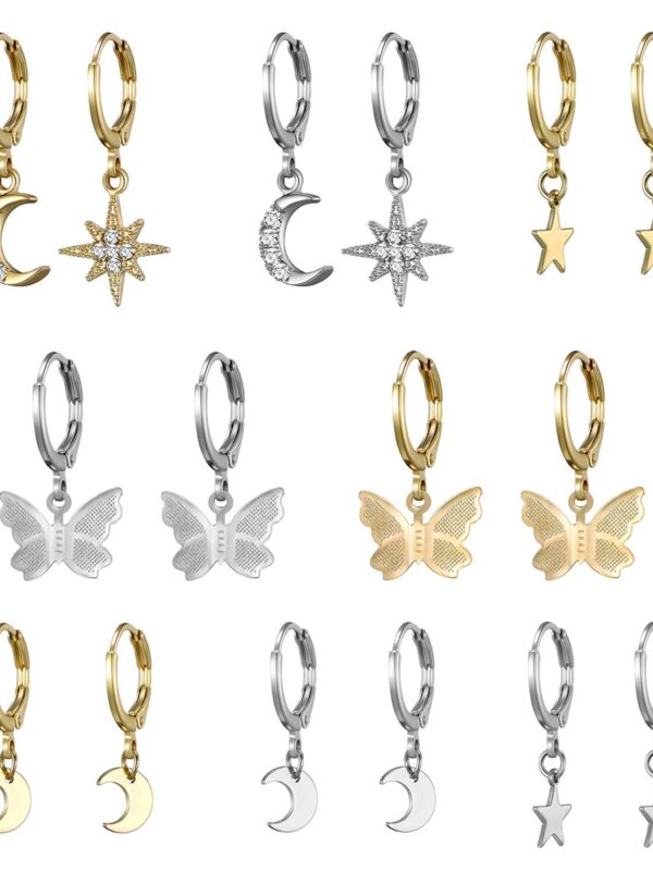 8 Pairs Small Gold Silver Butterfly Hoop Earrings