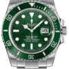 Close-up of the Rolex Submariner "Hulk" featuring a vibrant green dial, Oystersteel case, and Cyclops lens over the date at 3 o’clock, with an elegant Oyster bracelet. 