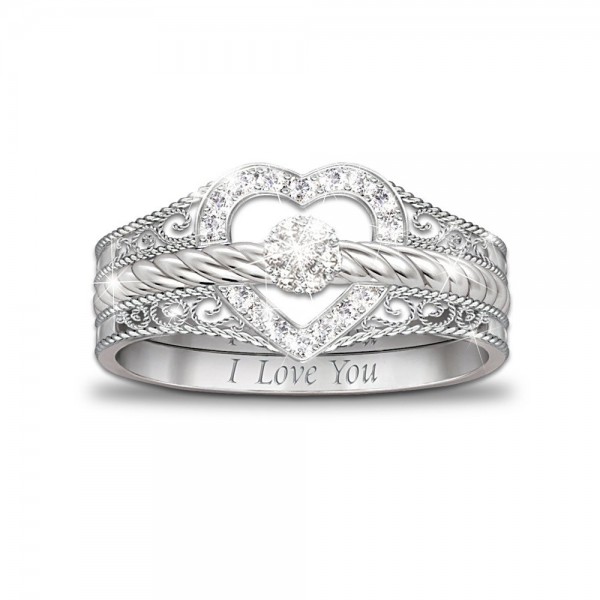 I Love You Heart-Shaped Diamond Stacking Rings
