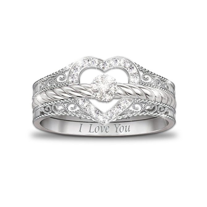I Love You Heart-Shaped Diamond Stacking Rings