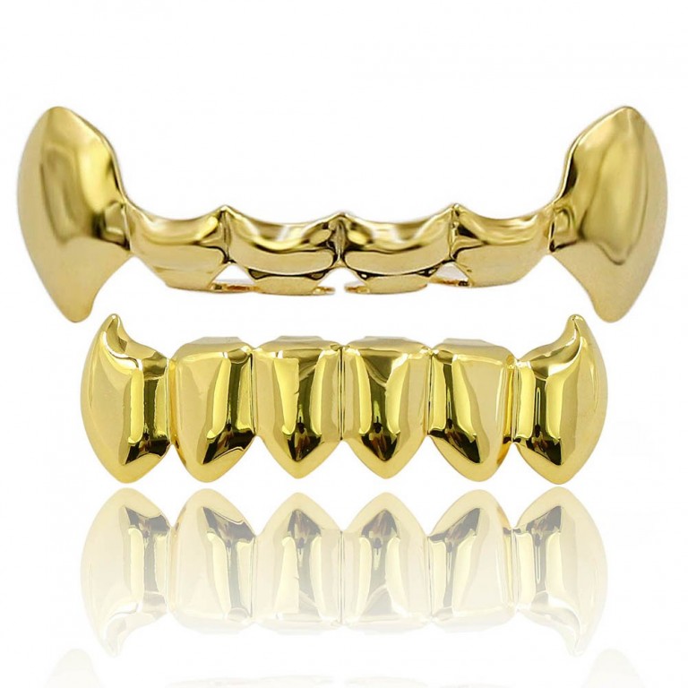 18K Gold Vampire Fangs Gold Grills Top Bottom with review – JewelryClout
