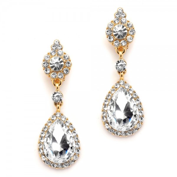 Mariell Gold Clip-On Earrings with Austrian Crystal Teardrop Dangles