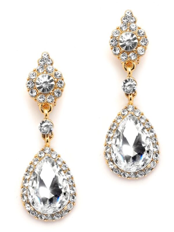 Mariell Gold Clip-On Earrings with Austrian Crystal Teardrop Dangles